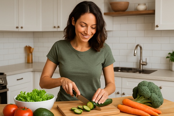 Mujer preparando comida saludable